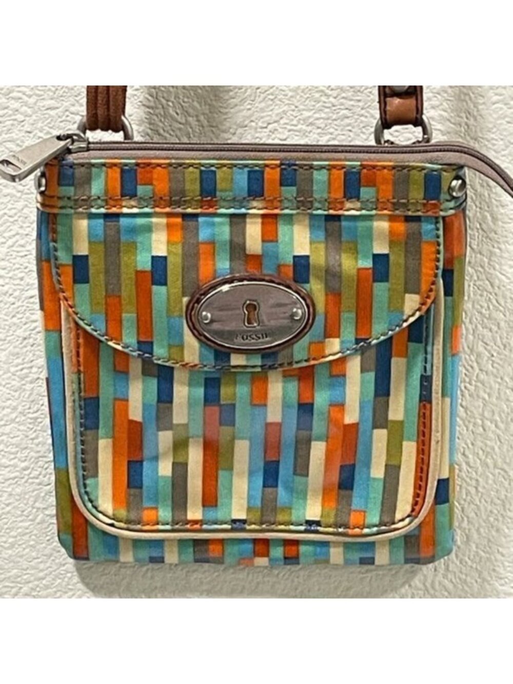 FOSSIL Key-Per Vintage Coated Canvas Crossbody Bag Abstract Geo Teal/Blue/Rust